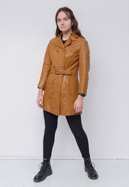 Vintage Women's M Leather Trench Coat Overcoat Mac Tan Brown