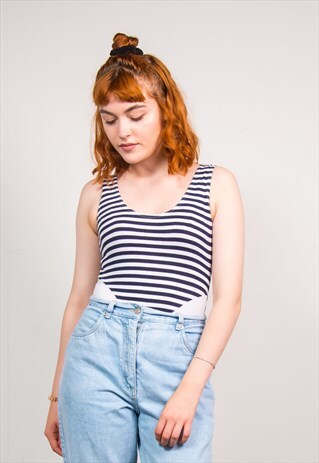 VINTAGE 90'S NAVY BLUE SAILOR STRIPE BODYSUIT LEOTARD