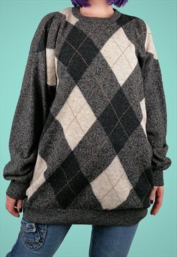 Vintage 80's 90's Unisex Retro Argyle Pattern Wool Sweater