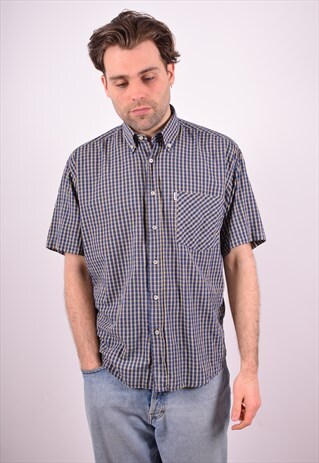 FILA MENS VINTAGE SHIRT MEDIUM BLUE CHECK 90S
