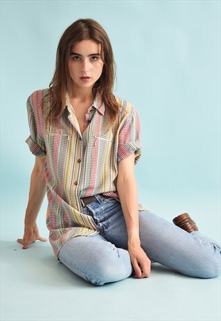 90'S RETRO FESTIVAL CHECKED PRINT OVERSIZED BLOUSE TOP