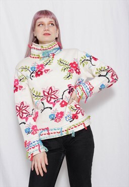 90s grunge y2k vintage hand knit floral turtle neck jumper