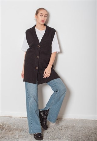 VINTAGE BOXY FIT PROLONGED MERINO WOOL SWEATER VEST IN BLACK