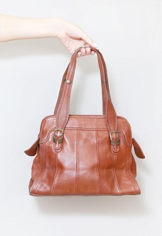 VINTAGE 1970'S BROWN PANELLED LEATHER HAND BAG