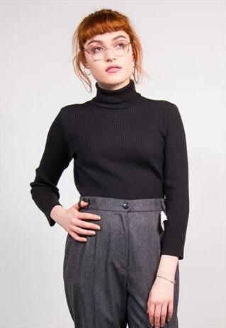 90'S VINTAGE BLACK RIBBED ROLL NECK KNIT JUMPER