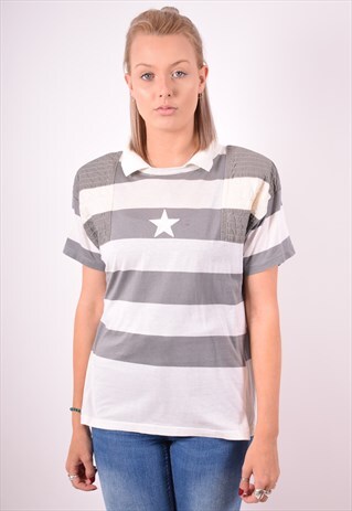 ICEBERG WOMENS VINTAGE POLO SHIRT LARGE GREY STRIPES 90S