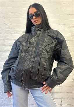 90s Black Genuine Leather Biker Bomber Leather Jacket