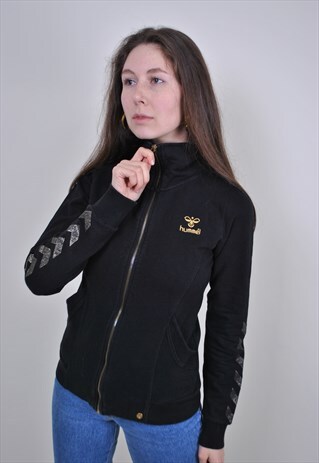 VINTAGE HUMMEL BLACK SPORT JACKET, GOLD PRINT TRACK JACKET