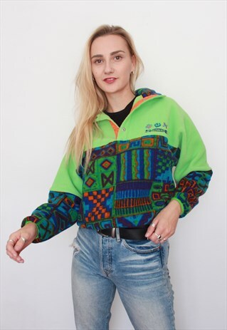 VINTAGE CRAZY GROOVY PATTERN GREEN 1/4 ZIP FLEECE JACKET