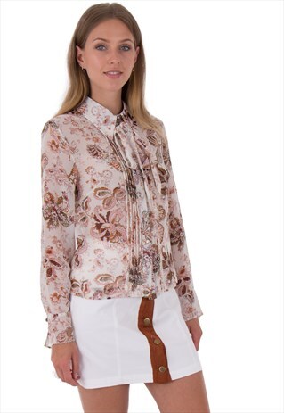 COLLARED FRONT PLEATED FLORAL PRINT LONG SLEEVES TOP