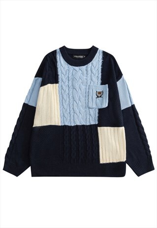 KALODIS VINTAGE COLOR BLOCK POCKET CREW NECK KNIT SWEATER