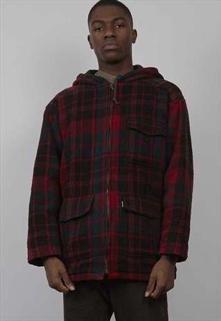 VINTAGE 80'S LEVI'S HOODED RED TARTAN WOOL JACKET