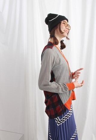 (KOREAN) MIX PANELS CONTRAST KNIT CARDIGAN WITH TARTAN BACK