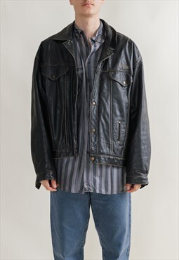Vintage 90s Jack&Jones Washed Real Black Leather Jacket L