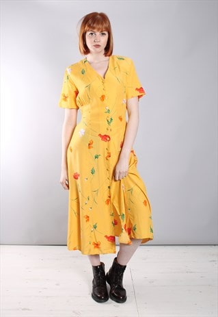 VINTAGE 80S FLORAL PATTERNED BUTTON TIE BACK MIDI DRESS