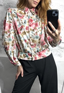 80s Colorful Floral Blouse - S