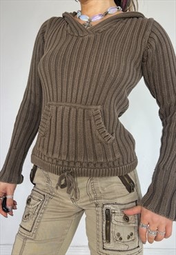 Vintage Y2k Knit Hoodie Khaki Grunge Jumper Sweater Boho 90s