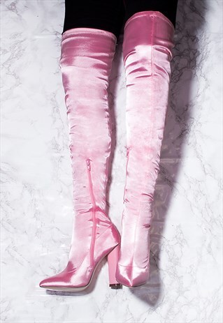 VAGAS POINTED TOE BLOCK HEEL THIGH BOOTS - PINK