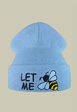 Let Me Bee Embroidered Beanie Hat in Sky Blue