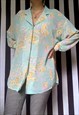 VINTAGE 80S TURQUOISE ROCOCO PRINT BLOUSE, BISHOP SLEEVES