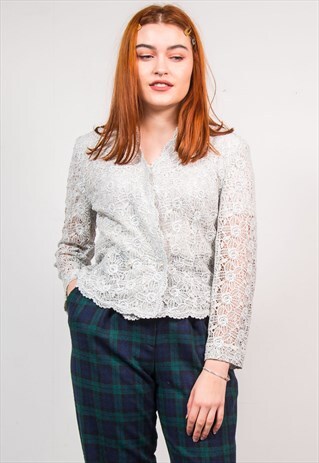 VINTAGE 90'S SILVER LACE PATTERN COLLARLESS JACKET
