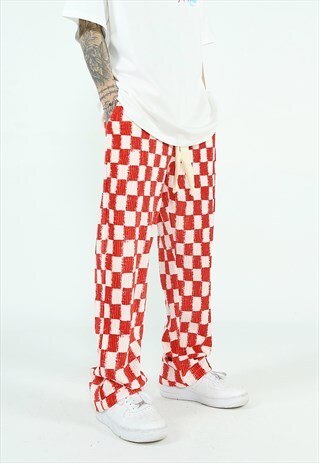 CHECK PANTS WIDE CHESS JOGGERS IN WHITE RED