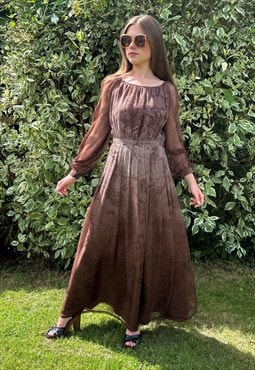 70's Vintage Bell Sleeve Sheer Brown Maxi Dress 