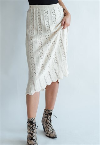 VINTAGE 70S BOHO KNIT SKIRT IN WHITE