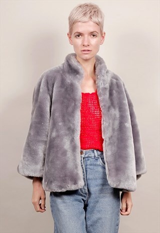 VINTAGE 90'S GREY CROPPED FAUX FUR JACKET