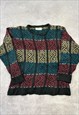 VINTAGE KNITTED JUMPER ABSTRACT PATTERNED GRANDAD SWEATER