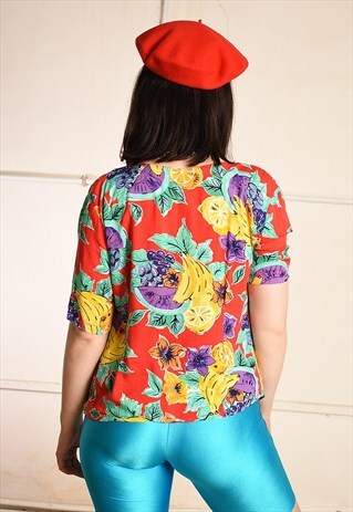90'S RETRO FLORAL FRUIT PRINT FESTIVAL BLOUSE TOP