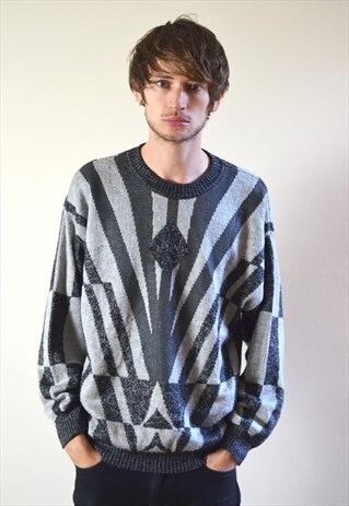 80S VINTAGE GREY DIAMOND ABSTRACT PATTERN KNIT JUMPER
