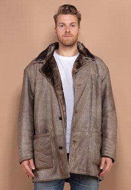 Vintage 70's Men Sheepskin Leather Coat in Dark Beige