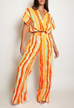 Cropped Blouse & Wide Leg Trousers Set In Multicoloured 