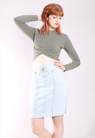VINTAGE 80S BLEACH WASH DENIM STUDDED SKIRT
