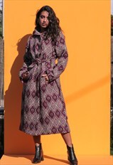 AZTI Woven Long Length Purple Geometric Pattern Hooded Coat