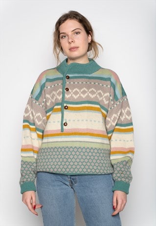 MULTICOLOR PATTERN BUTTON KNIT JUMPER S