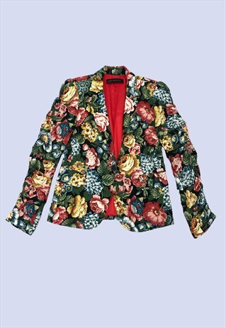 MULTICOLOURED FLORAL RUCHED SLEEVED SUMMER BLAZER JACKET