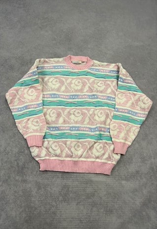 VINTAGE KNITTED JUMPER ABSTRACT FLOWER 3D PATTERNED SWEATER