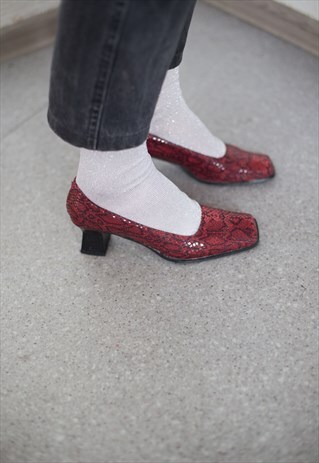 VINTAGE 80'S RED SNAKE SKIN PRINT MID-HEELED SHOES