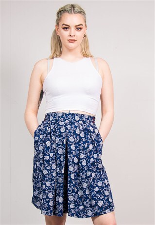 VINTAGE 90'S BLUE FLORAL PATTERN SUMMER BOHO SHORTS CULOTTES