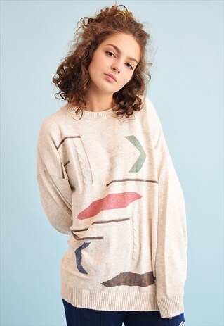 90'S RETRO NEUTRAL ABSTRACT PATTERN KNIT OVERSIZED JUMPER