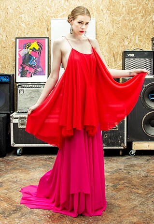 LONG ORANGE/PINK CHIFFON EVENING DRESS