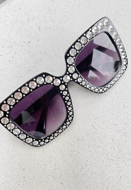Black Oversized Square Diamante Retro Sunglasses