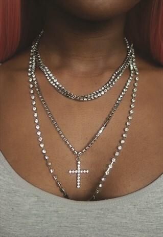 SILVER CRYSTAL CROSS LAYERED NECKLACE