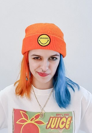 NEON ORANGE BEANIE HAT WITH QRAVERS PATCH