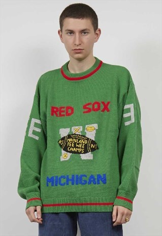 VINTAGE 80'S GREEN AMERICAN FOOTBALL STATEMENT KNIT JUMPER