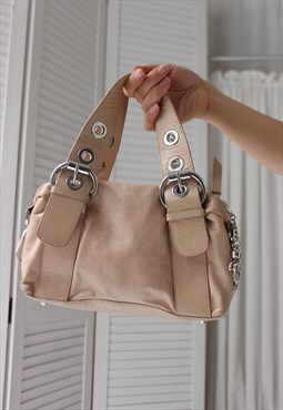 Vintage Y2K Beige Real Leather Mini Handbag 