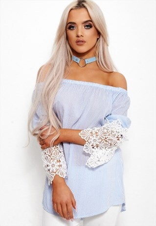 VIVA BLUE STRIPED BARDOT TOP