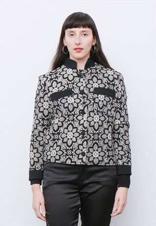 VINTAGE 70'S BLACK WHITE PAISLEY VIRGIN WOOL JACKET